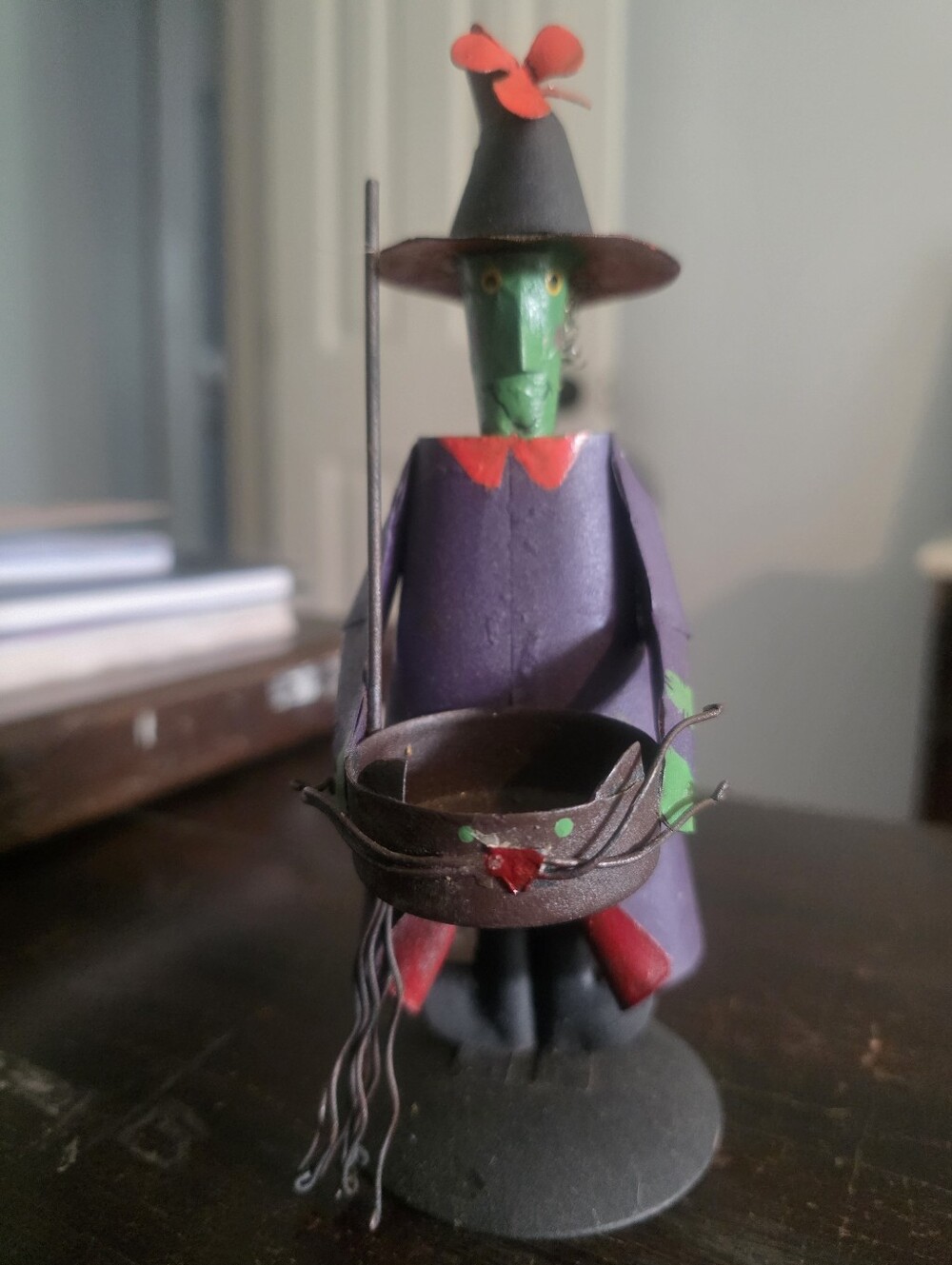 Halloween Witch Metal Tealight Holder - Green Face With Cauldron & Broom. 7 Inch